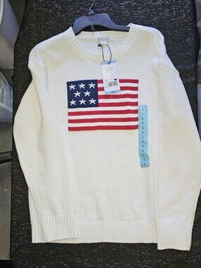 Mighty Fine White Crewneck Sweater with Flag Design